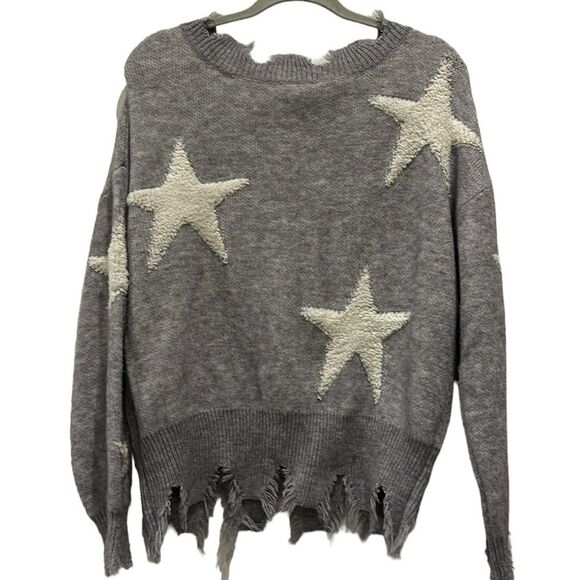 Ee:some Raised Star Vneck Raw Edge M/L Gray Sweater - Picture 5 of 8